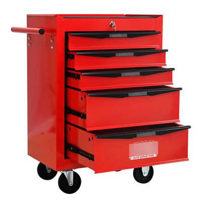 20", Red&Black, 5 Tool Storage Trolley, Bearing Slide, 15Kg Stable Load, Chest, , One - Hand Pull Handle, Lockable 5 Drawers Workshop Metal Chest In Red&Black With Drawer Slides, 4 Wheels Locking