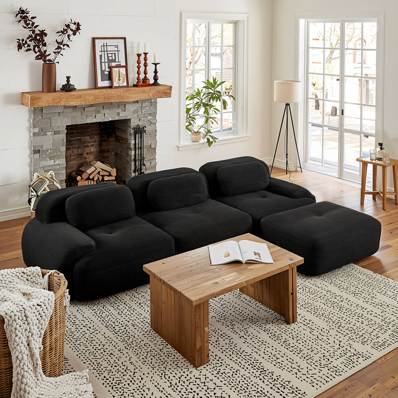 Canapé d'angle modulaire en velours côtelé de 295 cm (116 po) avec assises profondes et accoudoirs incurvés, noir minuit