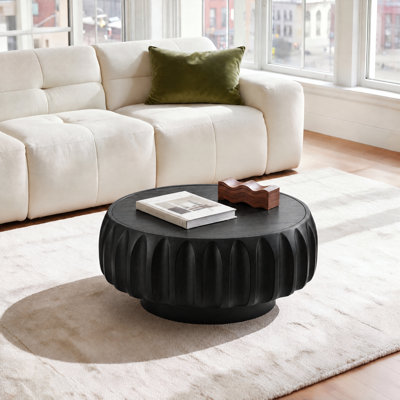 Khadim 31.5" Round Fluted Coffee Table, Black Wood Drum Table