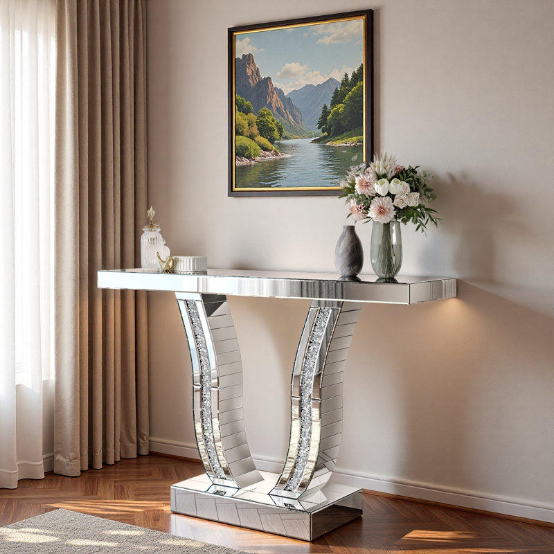 Silver Mirrored Console Table With Curved Legs And Inlaid Crystal-like Stones