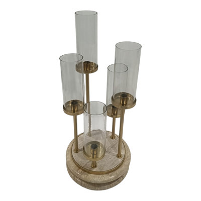 Porte-bougie contemporain en métal à triple pilier pour le salon - Présentoir de table décoratif avec attrait élevé pour le vestibule - 23 po, doré et ivoire