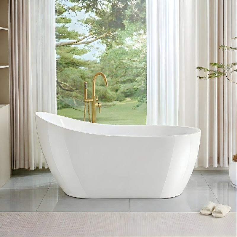 Amara Acrylic Freestanding Soaking Bathtub, White/Titanium Gold, 28.37" H x 59" L x 28.37" W