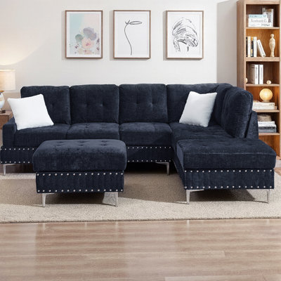 Chenille L-Shape Sectional Sofa 3-Seater Couch with Reversible Chaise & Storage Ottoman, Metal Legs with Copper Nails, Includes 2 Pillows for Living Room