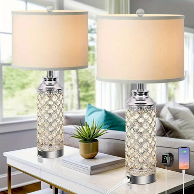 2-Pack Modern LED Table Lamps With USB Charging Ports, 24 Inch Silver Crystal Bedside Lamps