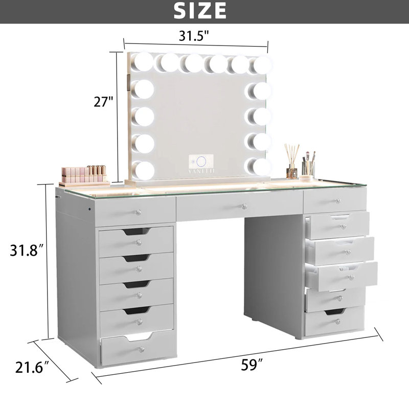 Makeup Vanity Set with LED Lighted Mirror HD Glass Top Built-in LED Light Strips Large 13 Drawers