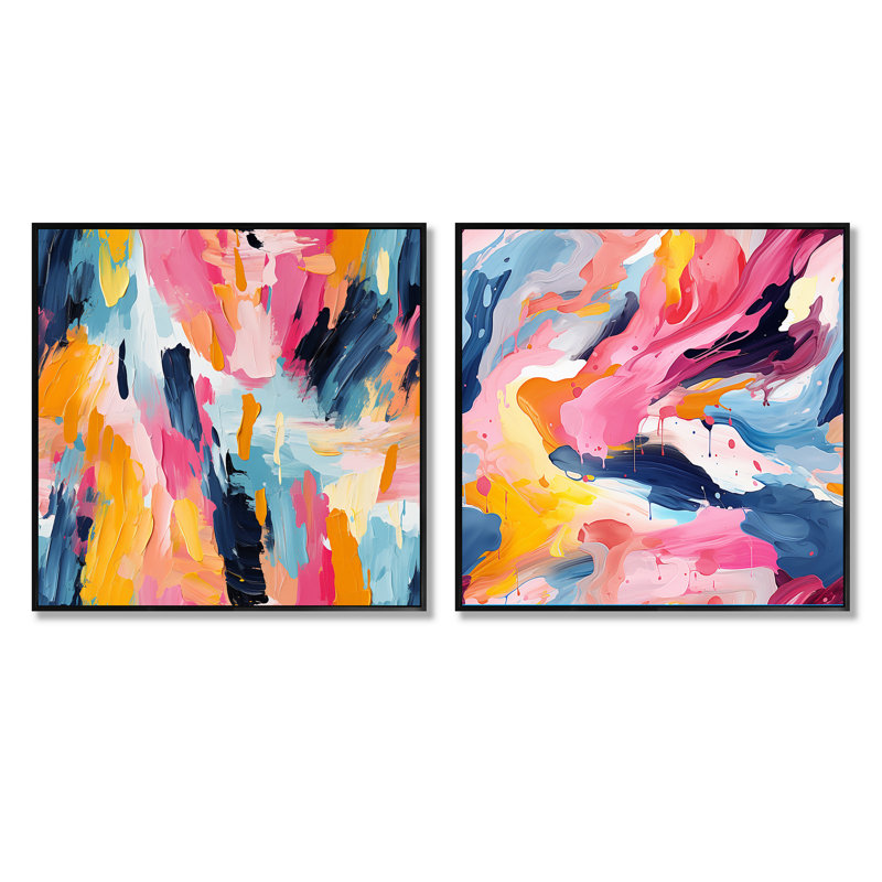 «Colorful Paint Swirl Bliss III», ensemble de 2 collages carrés abstraits, Cadre flottant noir, H 16 po x l 33 po