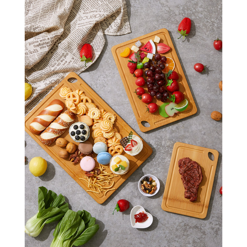 Ensemble de 3 planches à découper en bambou pour la cuisine, planche à découper en bois 15 x 10/12 x 8/9 x 6 po avec rainure à jus profond et trou de suspension