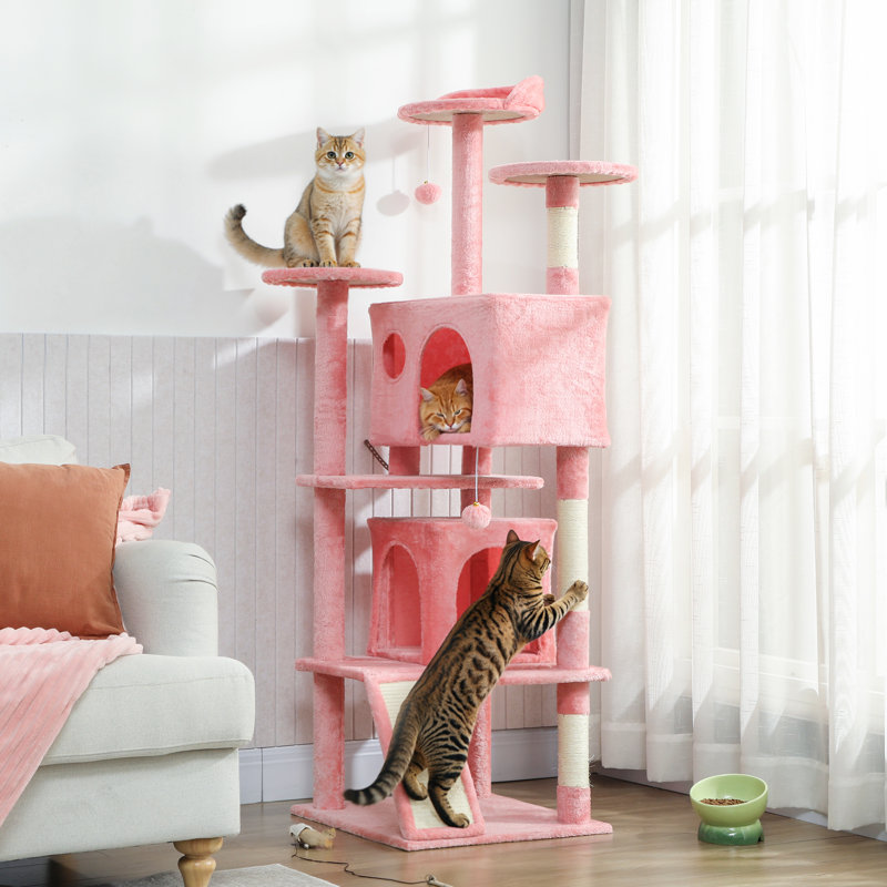 Tour pour arbre à chat 54 po avec poteaux à griffer, condos pour chat, rose, H 63 po x l 19,3 po x P 19,3 po, Rose