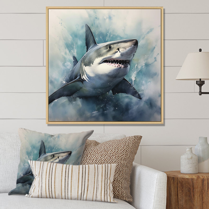 Fierce Shark II - Shark Canvas Prints, 30" H x 30" W x 1" D, Natural Floater Framed