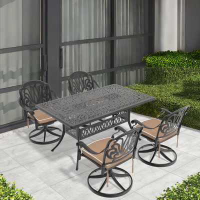 Ensemble de salle à manger 5 pièces en aluminium coulé résistant aux intempéries, comprenant 4 chaises pivotantes et une table rectangulaire avec cadre