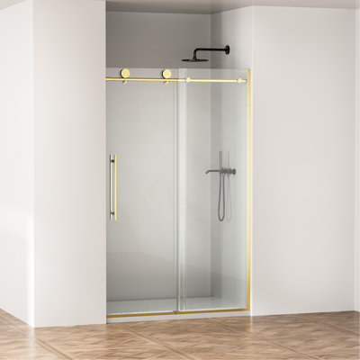 Frameless Shower Door, 44-48 in W x 75 in H,Sliding Shower Door with 5/16"(8mm) Clear Tempered Glass Shower Door,Explosion-Proof Film Nano Coating,Easy to Clean,Brushed Gold