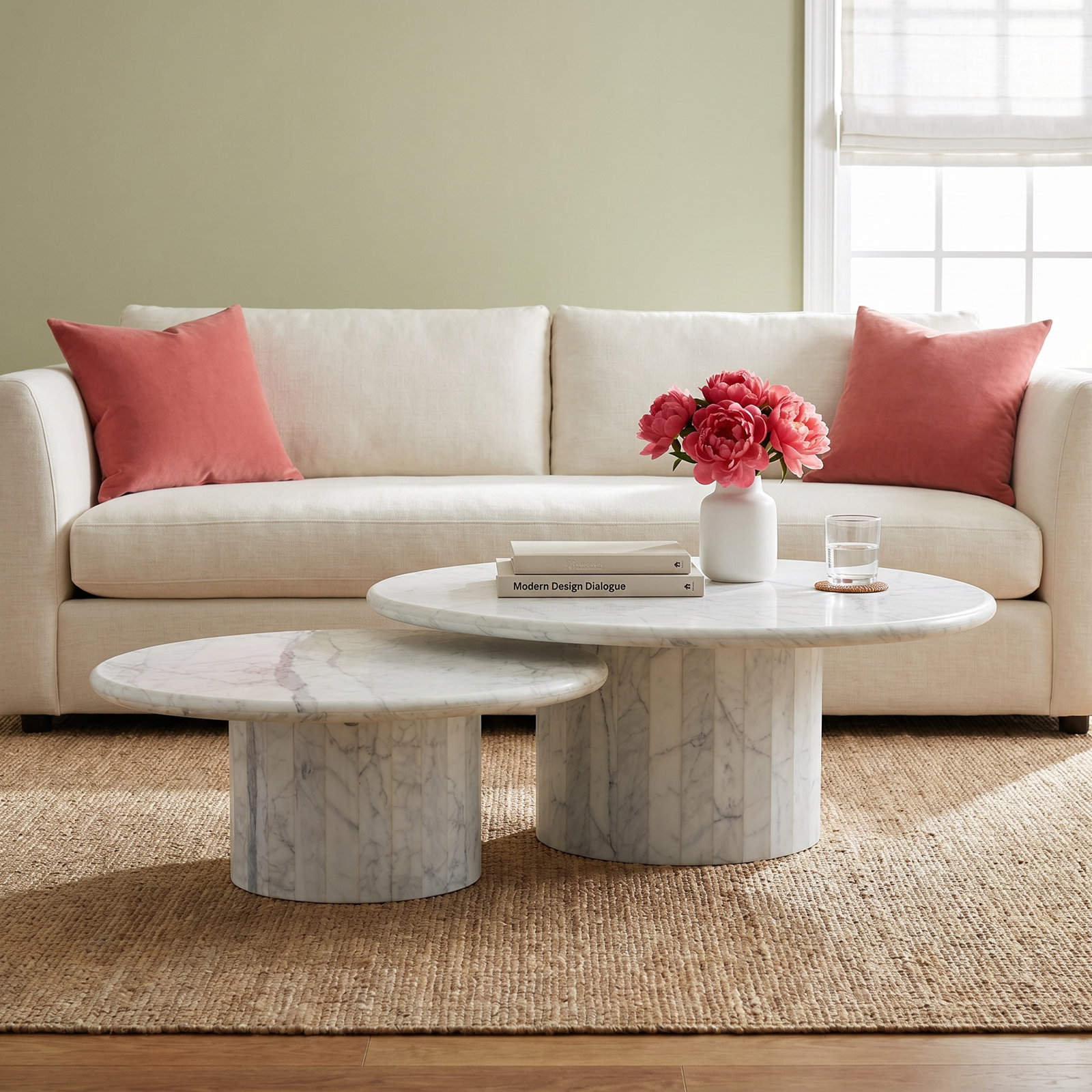 Brennan 34" Genuine Marble Coffee Table, White Calacatta Marble