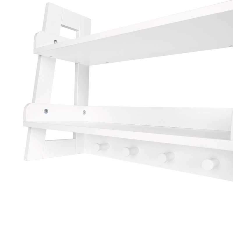 Kids 2-Tier Ladder Bookshelf with Storage and Wall Hooks for Playrooms with open Shelves for Toy Storage - White
