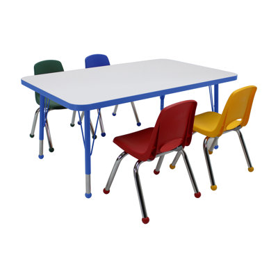 Ensemble de 5 tables d'activités rectangulaires effaçables à sec 30 "x 48" avec pieds standards et chaises empilables 12 "avec glissières à billes - tableau blanc / bleu / assortis