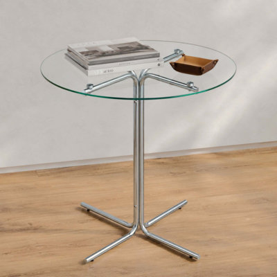 Round glass bar high table, 36 inch round bar table, tempered glass tabletop, sturdy chrome plated four column support, suitable for transparent round bar tables in small spaces.