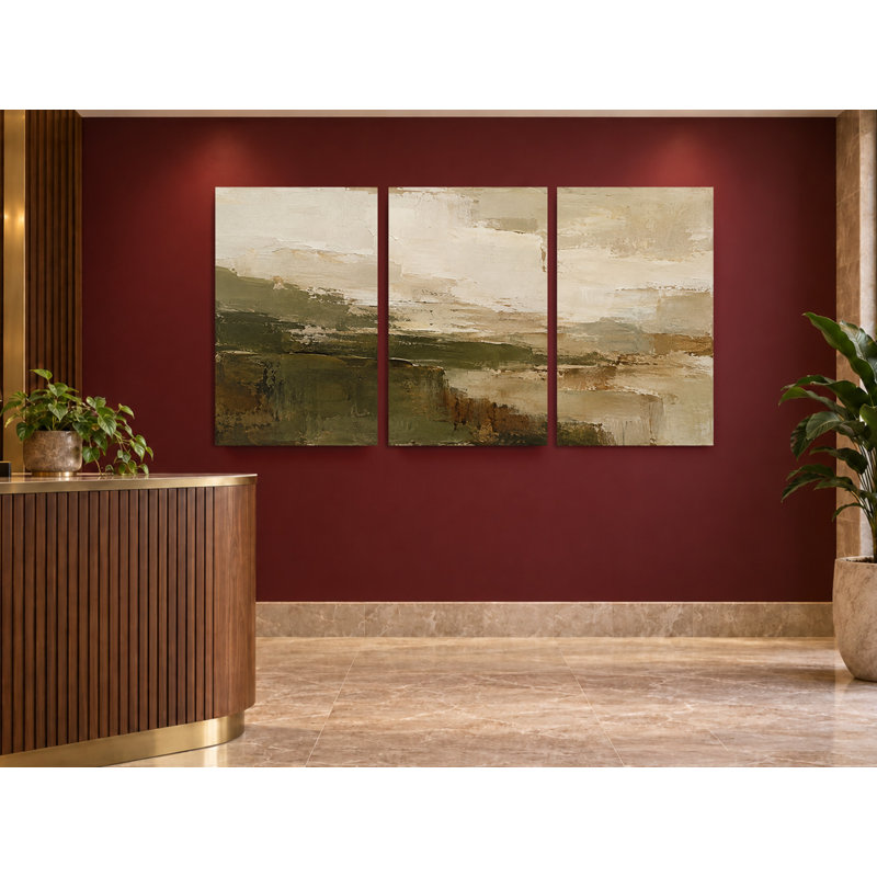 Earthy Olive Green Abstract Landscape 3 Piece Canvas Wall Art Set, Ready to Hang, 20" x 30" each (3pcs) (60" x 30")
