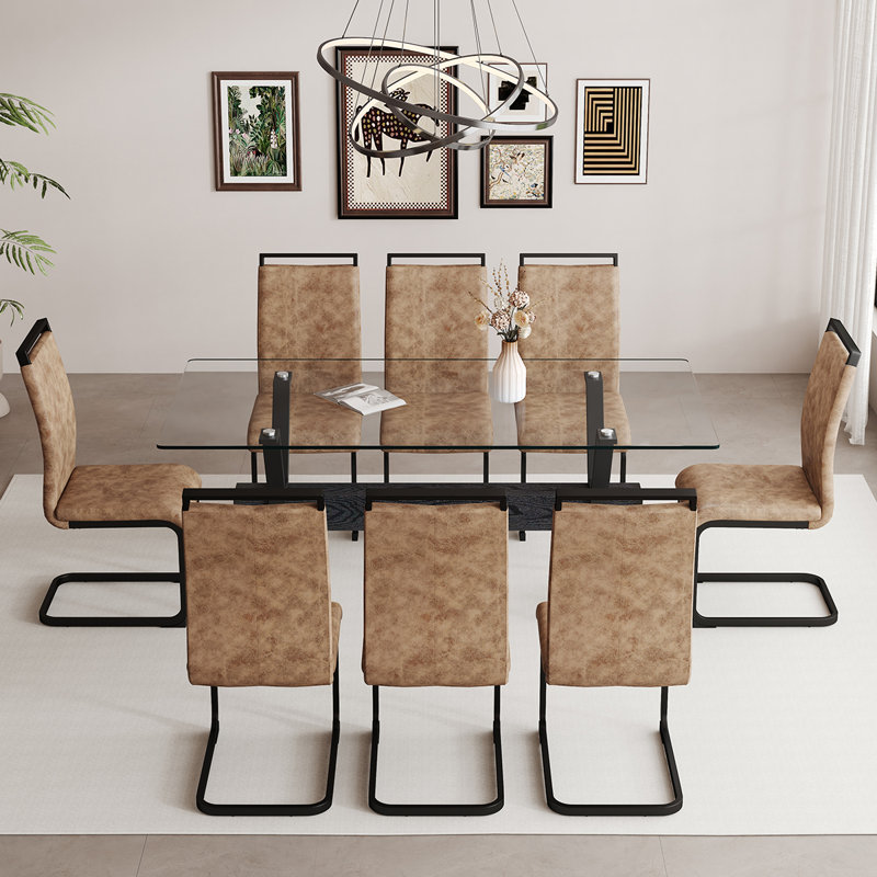 Ensemble de table de salle à manger 9 pièces, table de salle à manger en verre trempé et chaises pour la cuisine ou la salle à manger