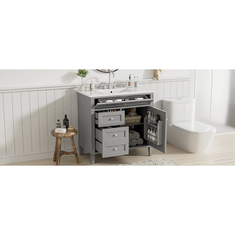 Meuble-lavabo de 36 po avec lavabo supérieur, armoire de rangement moderne avec 2 tiroirs et un tiroir basculant, Gris