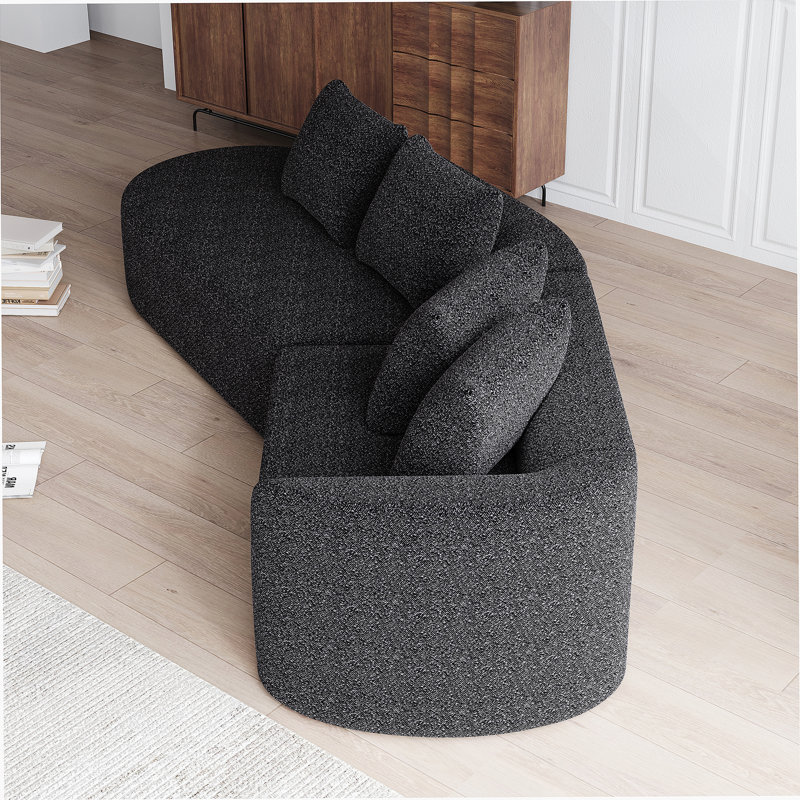 Cniyah Boneless Curved Chenille Upholstered Sectional Sofa with Throw Pillows, Left Hand Facing, Black Chenille
