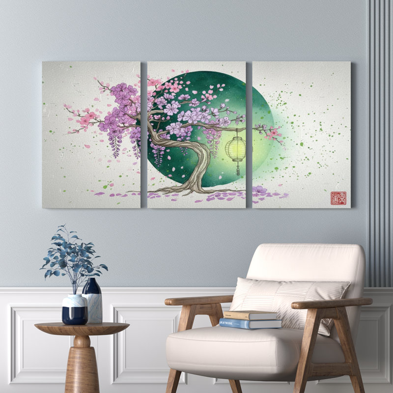 Cherry Blossom Tree With Lantern And Moon Canvas Wrapped Wall Art Set Of 3 For Living Room Bedroom Or Office Decor, 2436