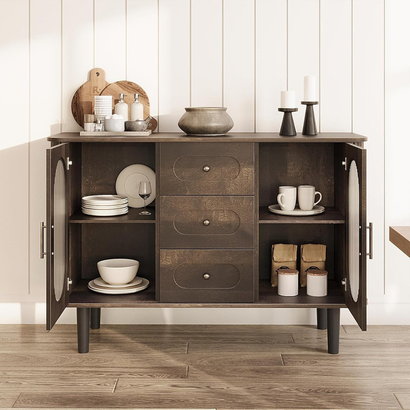Buffet 47 po Mid-Century avec portes en verre cannelé et 3 tiroirs - tablettes réglables, rangement pour crédence pour la cuisine et la salle à manger