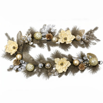 6 Ft Pre‑Lit Christmas Garland with Silver‑Gold Balls and Magnolia Flowers, 20 Lights & 8 Functions with Timer, PVC Artificial Garland for Stairs, Mantel and Doorway Decor