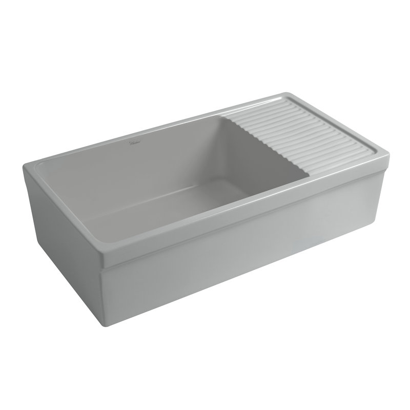 Whitehaus 36” Single Bowl Fireclay Kitchen Sink: Integral Drainboard, 2-1/2" Lip Front Apron, Matte Light Cement