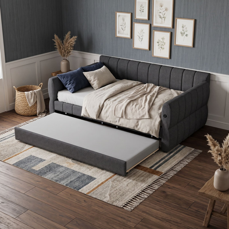 Grand lit de jour rembourré avec couchette et ports USB, Gris