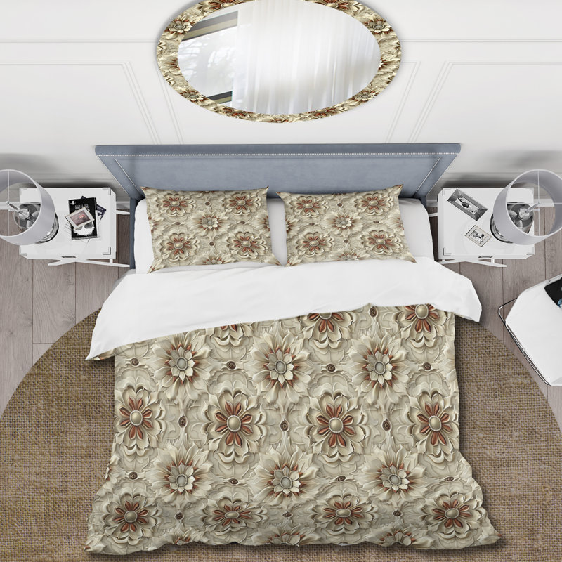 Ensemble de housse de couette Beige White Floral Mosaic II - Traditional, Housse de couette très grand et 2 très grandes t