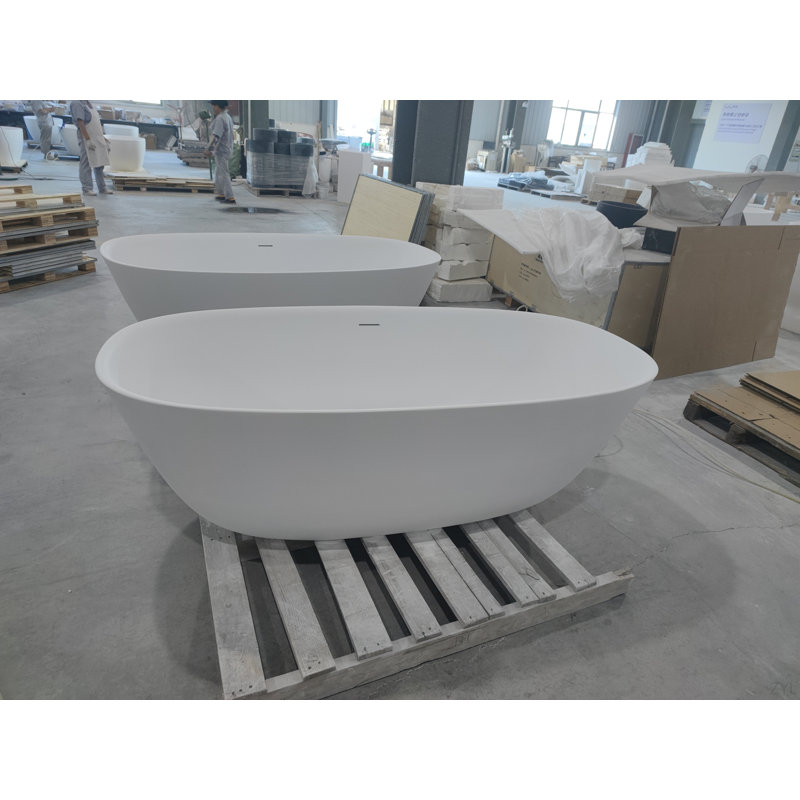 Baignoire 67 po à surface solide matte, baignoire à tremper à surface solide, baignoire autoportante en résine de pierre, baignoires autoportantes à rebord épais avec trop-plein, bonde escamotable, blanc mat (ovale)