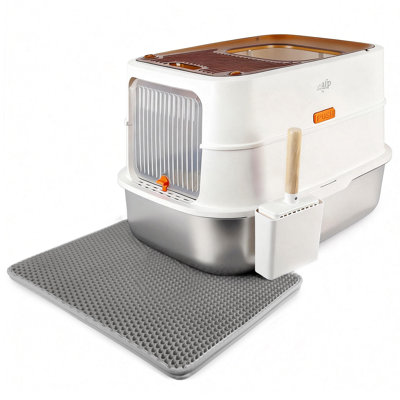 Stainless Steel Enclosed Cat Litter Box with Flip Lid, XL Extra Large Litter Box for Easy Clean & Non-Sticky, Anti-Leakage,Includes Cat Litter Scoop, Beige