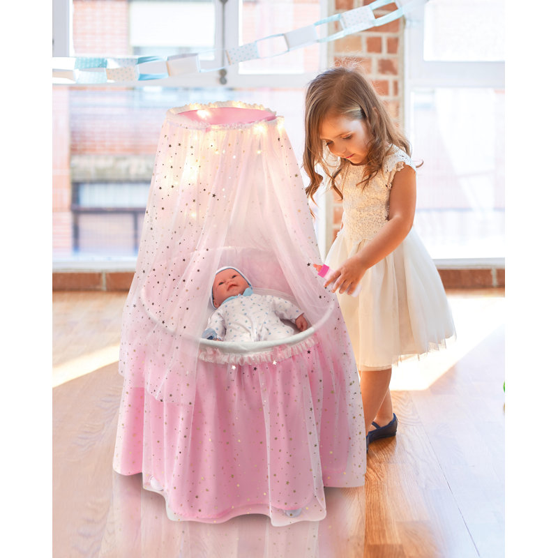 Pink and White Doll Bassinet with Canopy and LED Lights