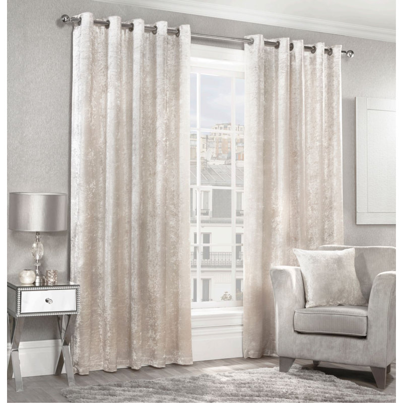 Eleanora Crushed Velvet Eyelet Panels, Width 167 x Drop 137 cm, Cream