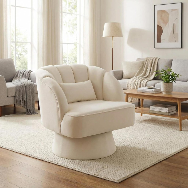 Upholstered Swivel Lounge Chair, Beige Velvet