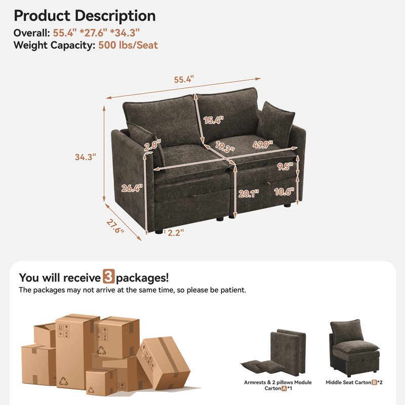 55.4" Wide Modular Storage Loveseat Sofa, Brown