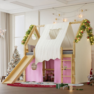Full Size House Loft Bed with Slide & Ladder, Solid Wood Kids Loft Bed with Lights & Tent, No Box Spring, Natural+Pink