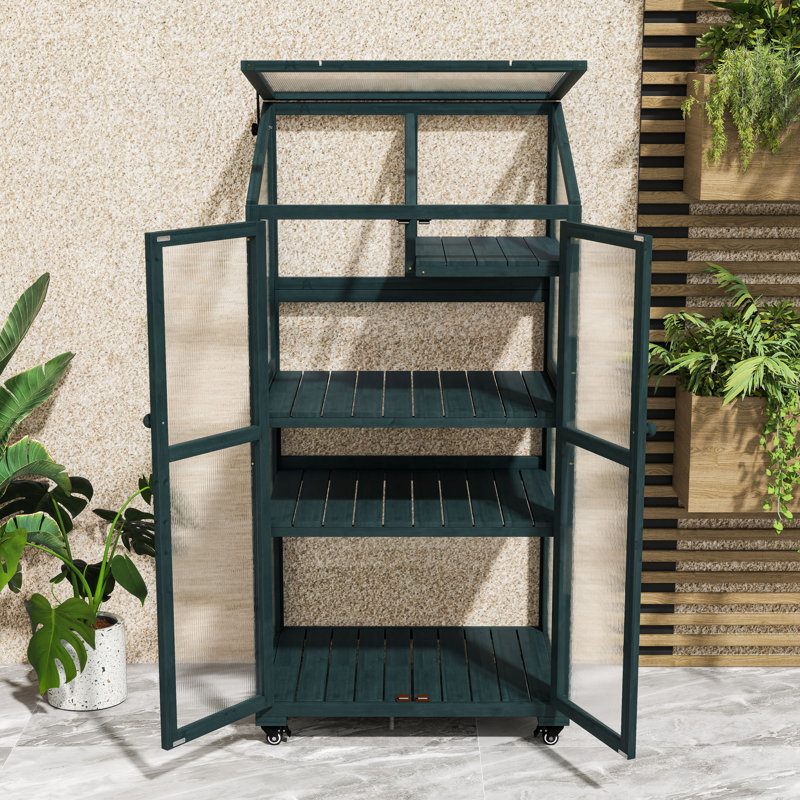 Wood Greenhouse with Adjustable Shelves and Wheels, Portable Cold Frame for Indoor/Outdoor, Forest Green