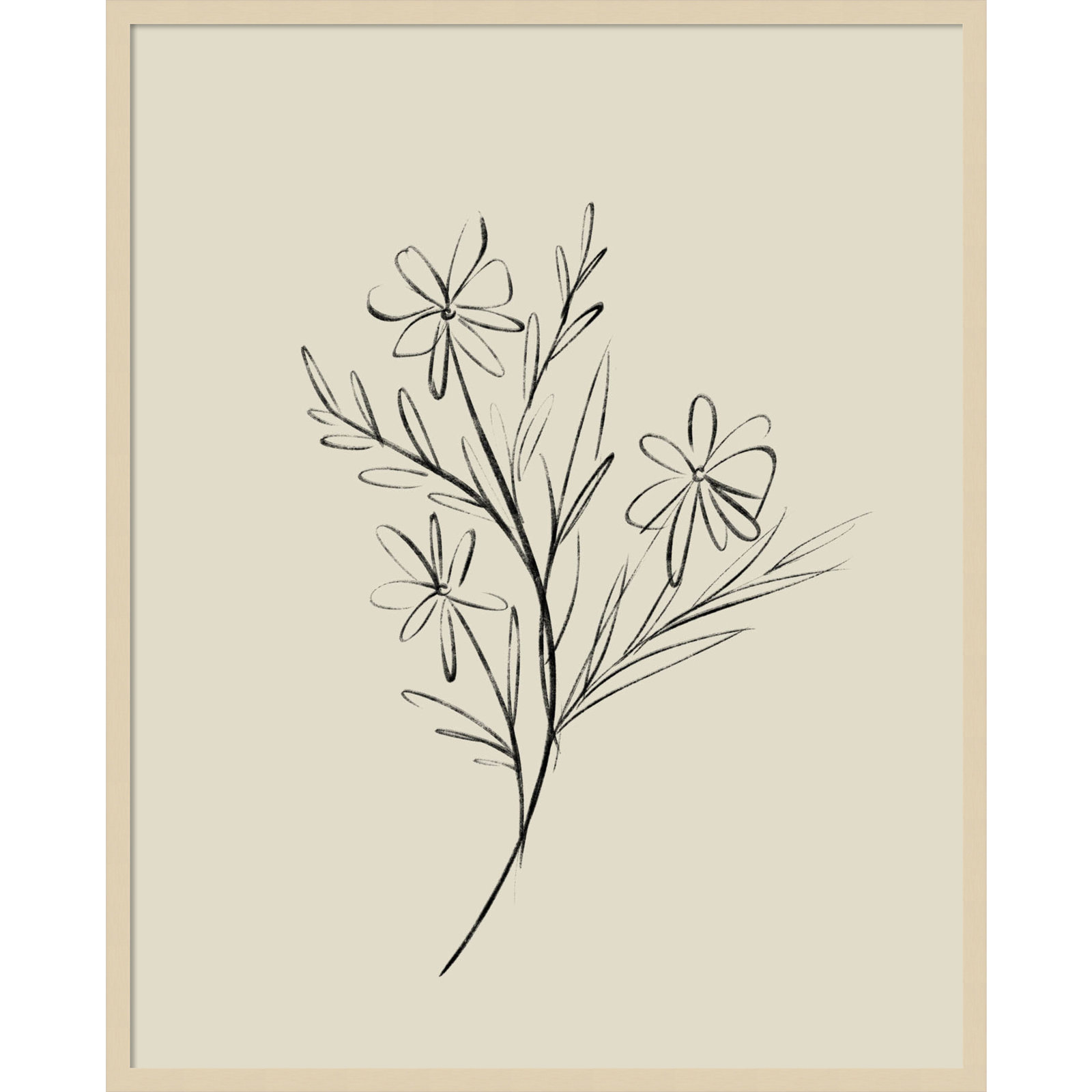 Line Drawn Flowers 1 Print, Brown Framed, 33" W x 41" H x 1" D
