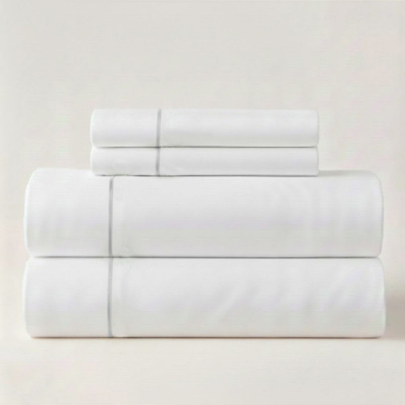 500TC Cotton Single Embroidery Sateen Solid Cotton 4 Piece Sheet Set Fitted Sheet Fits Upto 16" Deep Pocket, Full Sheet Set