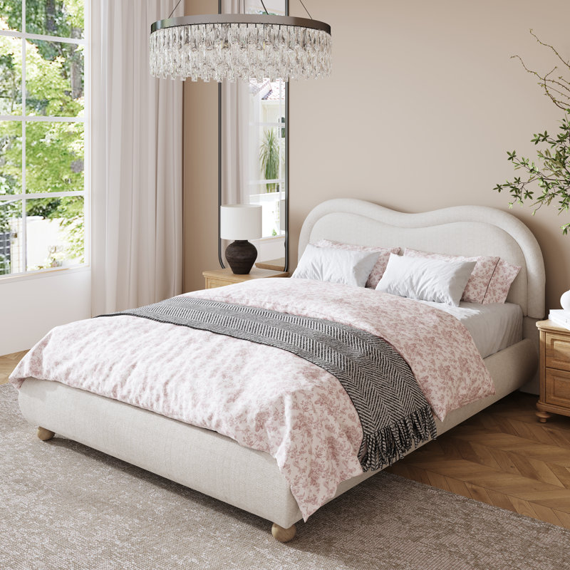 Avery Modern Chenille Upholstered Platform Bed with Curved Headboard and Solid Wood Legs