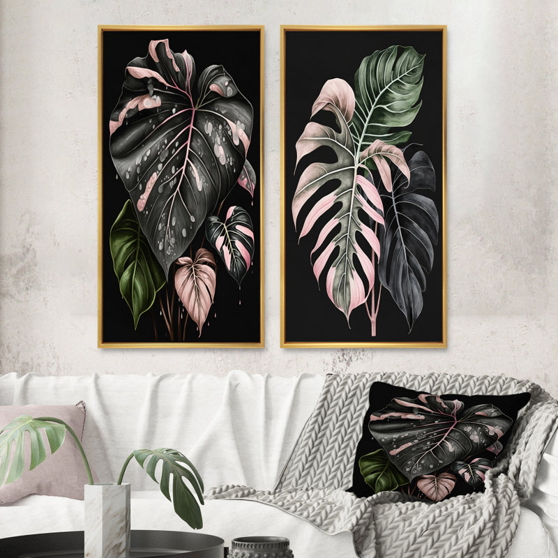 Rose et blanc feuille de philodendron I - ensemble d'art mural floral de 2 pièces, H 40 po x l 40 po, Encadrement doré