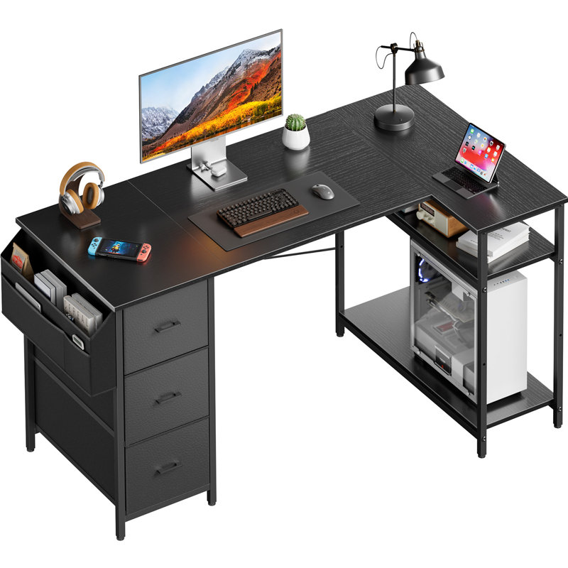 L-Shaped Computer Desk with Storage Bag & 3 Fabric Drawers, Modern Home Office Corner Desk with Storage Shelves, Space-Saving Workstation for Bedroom, Study & Small Spaces
