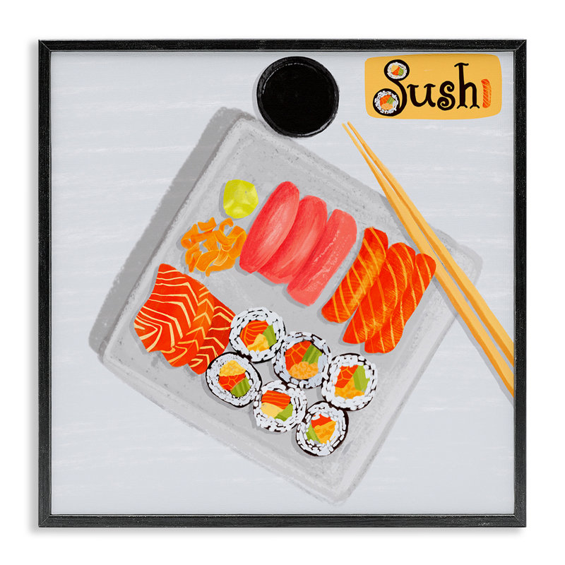 Délicieuse assiette à sushi encadrée, giclée par Juliet Rose Philips, H 12 po x l 12 po, Giclée encadrée noir minuit