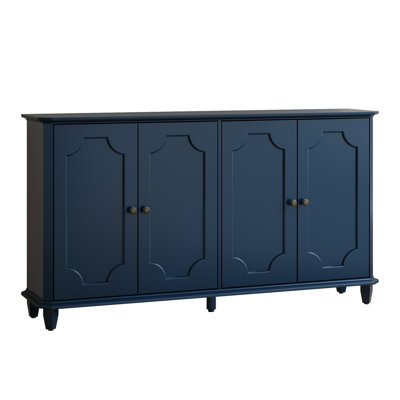 Buffet de style campagnard vintage bleu, dosseret à 4 portes cintrées décoratives, console de rangement fermée et large pour entrée, cuisine ou salon