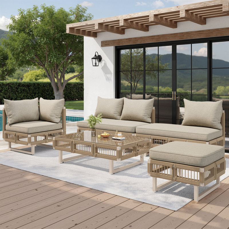 Modular Rope-woven Outdoor Sofa Set With 10 Cm Cushions & Glass Table