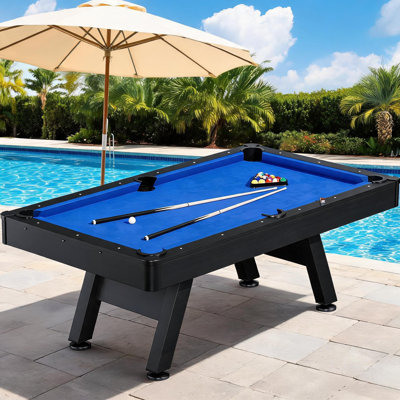 7ft Pool Table for Home,Modern Billiards Table with Black Wood Finish,Includes 2 Cue Sticks, Balls, Triangle, Chalk & Brush, It's perfect for placement in basements, apartments, home offices.