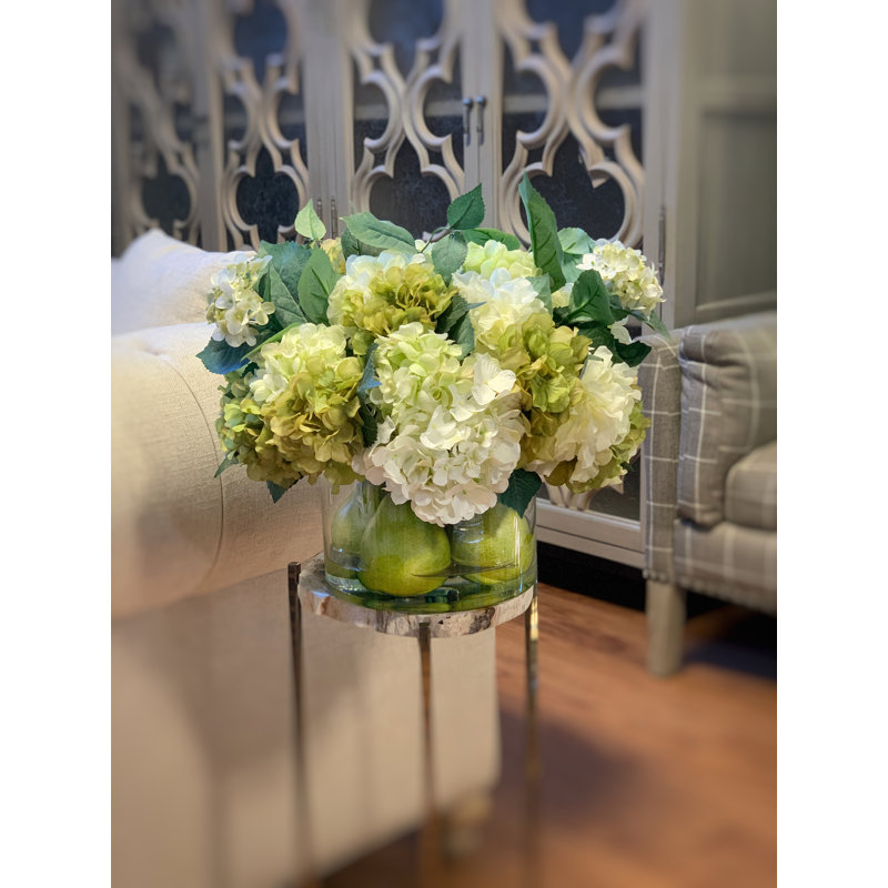 Assorted Hydrangeas, Pears And Acrylic Water In A Glass Round Vase.