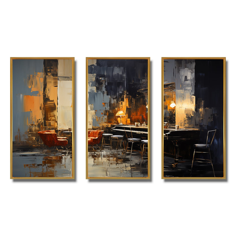 Rétro sonate pour piano dans Jazz Cafe IV - musique Jazz, art mural, H 32 po x l 48 po x P 1 po, Cadre flottant doré