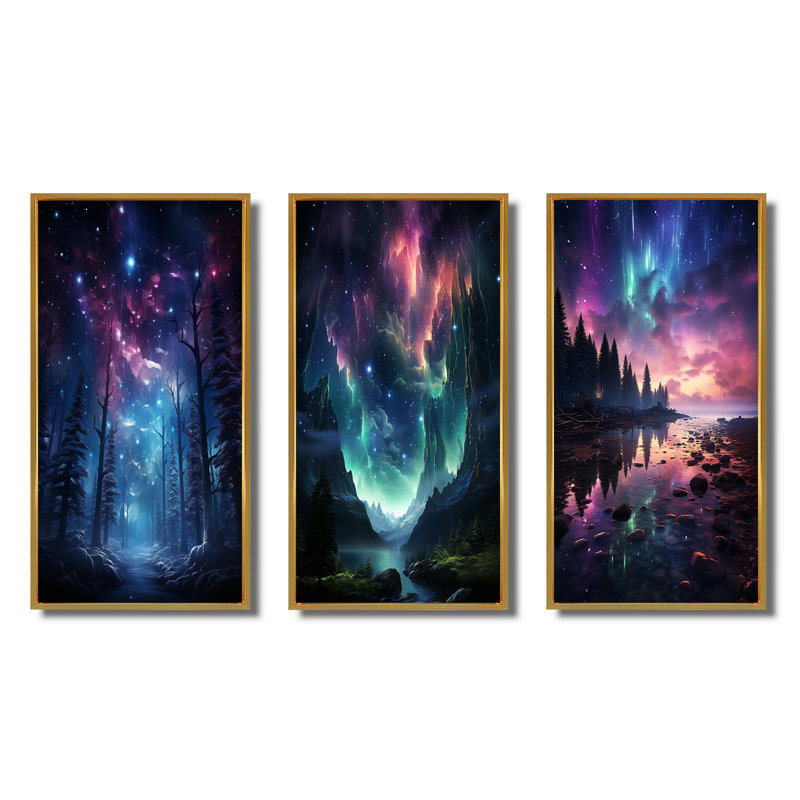 «Aurora Borealis Dancing Lights», 3 pièces sur toile, Encadrement doré, H 32 po x l 48 po