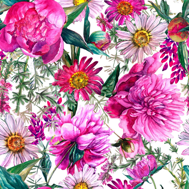 Peony And Daisy Flowers Peel And Stick Wallpaper, 16.67" L x 25" W